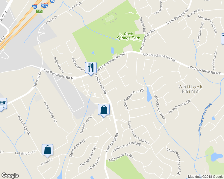 map of restaurants, bars, coffee shops, grocery stores, and more near Collins Glen Court in Lawrenceville