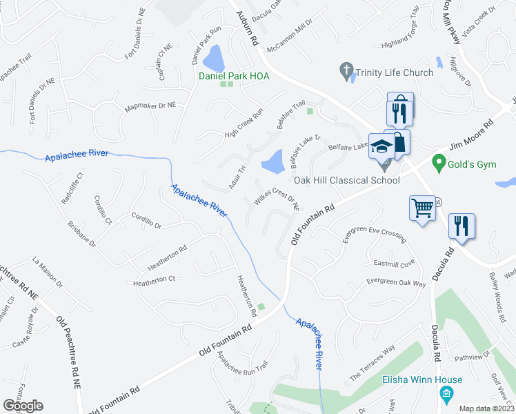 map of restaurants, bars, coffee shops, grocery stores, and more near 1460 Wilkes Crest Drive Northeast in Dacula