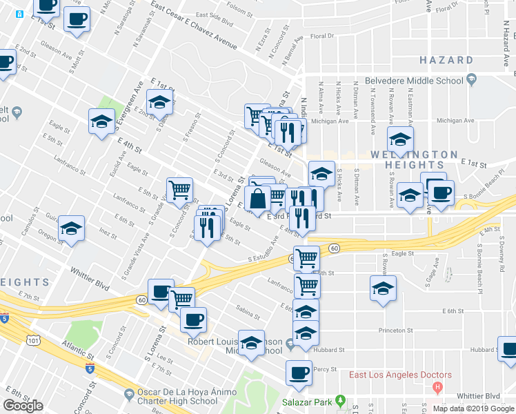 map of restaurants, bars, coffee shops, grocery stores, and more near 3445 East 4th Street in Los Angeles