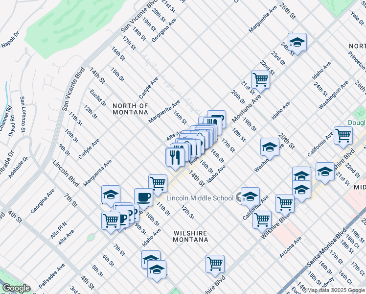 map of restaurants, bars, coffee shops, grocery stores, and more near 704 15th Street in Santa Monica