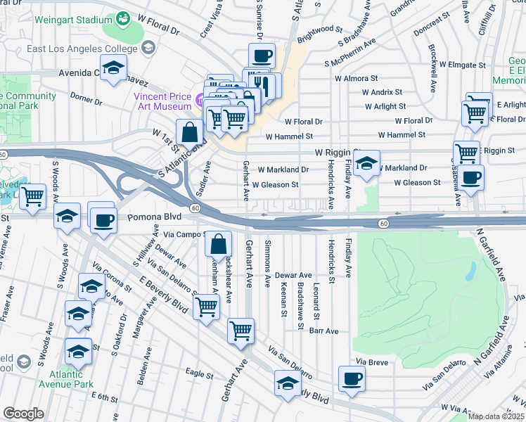 map of restaurants, bars, coffee shops, grocery stores, and more near 653 West Pomona Boulevard in Monterey Park