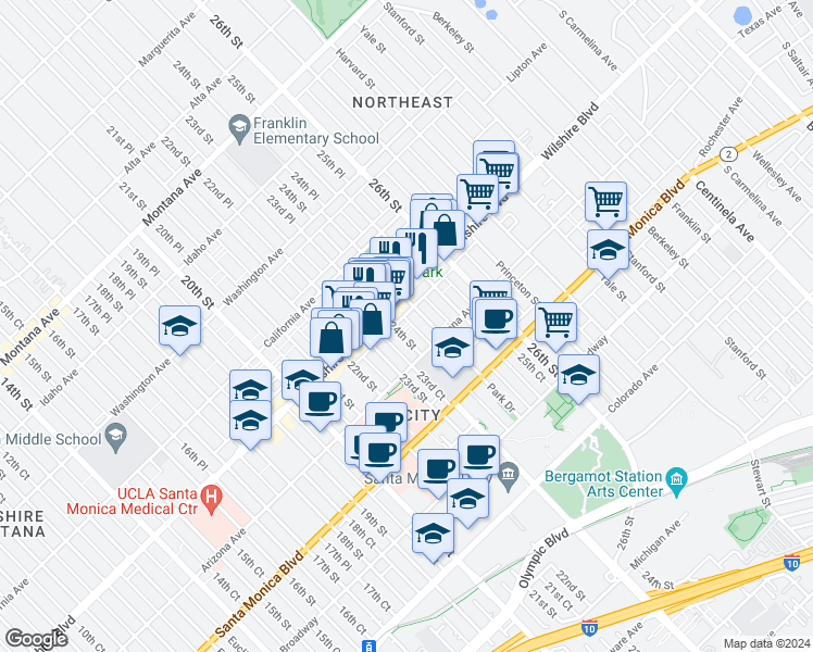 map of restaurants, bars, coffee shops, grocery stores, and more near 1227 24th Street in Santa Monica