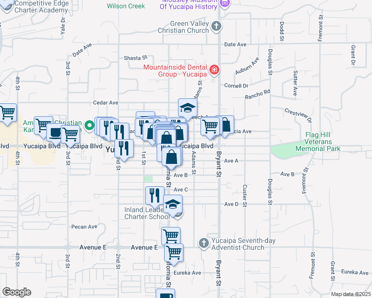 map of restaurants, bars, coffee shops, grocery stores, and more near 35157 Yucaipa Boulevard in Yucaipa