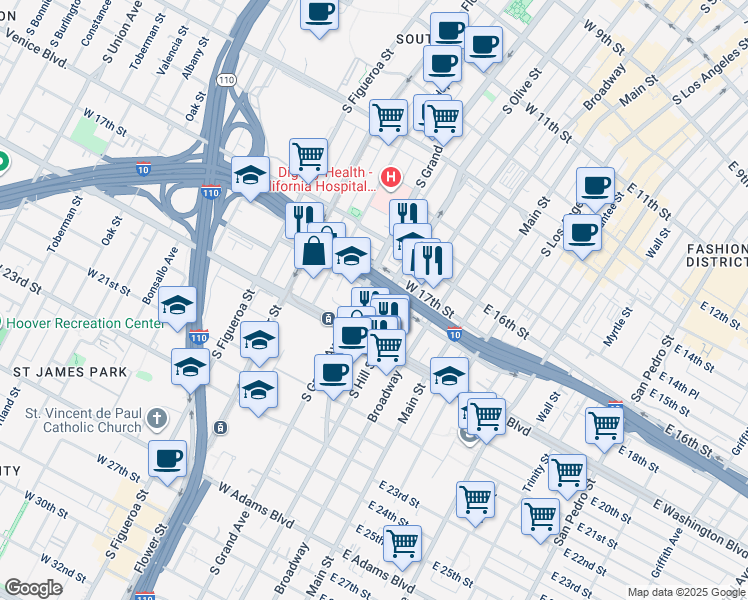 map of restaurants, bars, coffee shops, grocery stores, and more near 1820 South Grand Avenue in Los Angeles