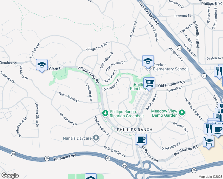 map of restaurants, bars, coffee shops, grocery stores, and more near 14 Old Wood Road in Pomona