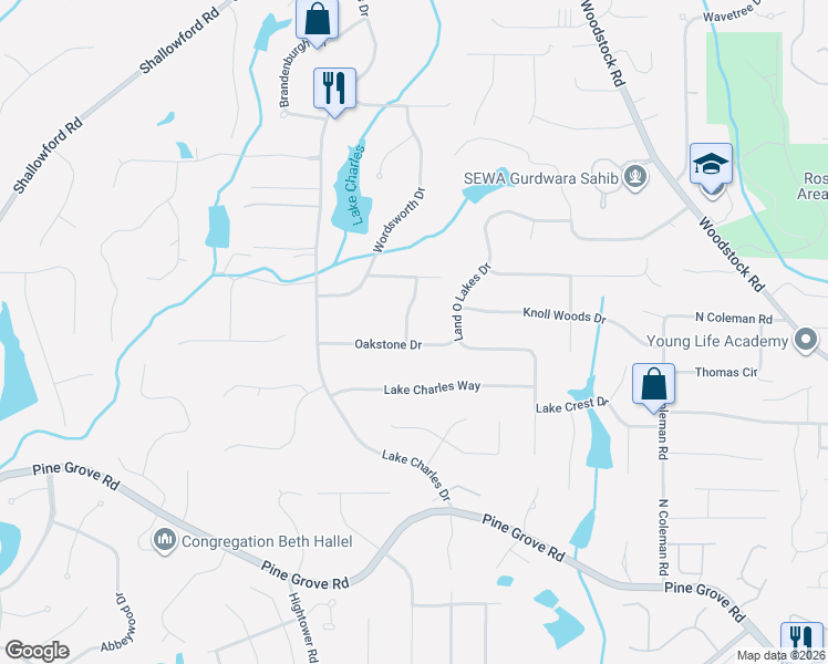 map of restaurants, bars, coffee shops, grocery stores, and more near 615 Oakstone Drive in Roswell