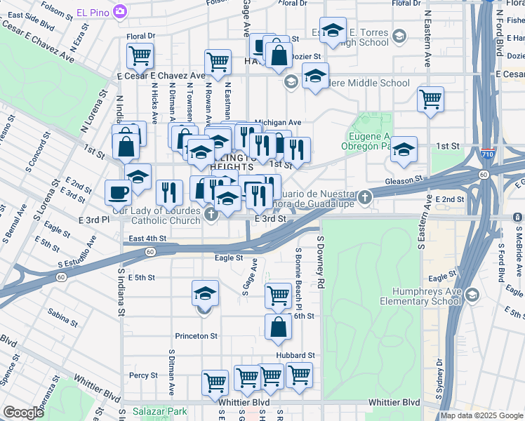 map of restaurants, bars, coffee shops, grocery stores, and more near 233 South Herbert Avenue in Los Angeles