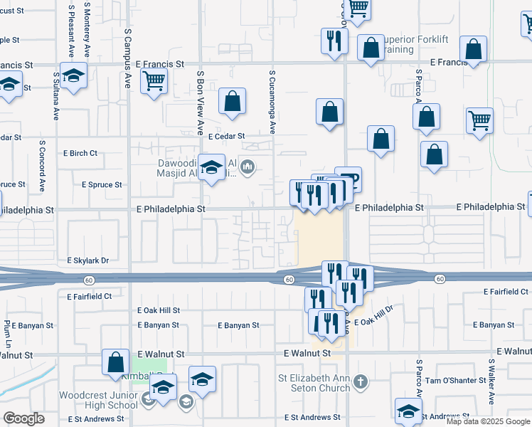 map of restaurants, bars, coffee shops, grocery stores, and more near 1056 East Philadelphia Street in Ontario