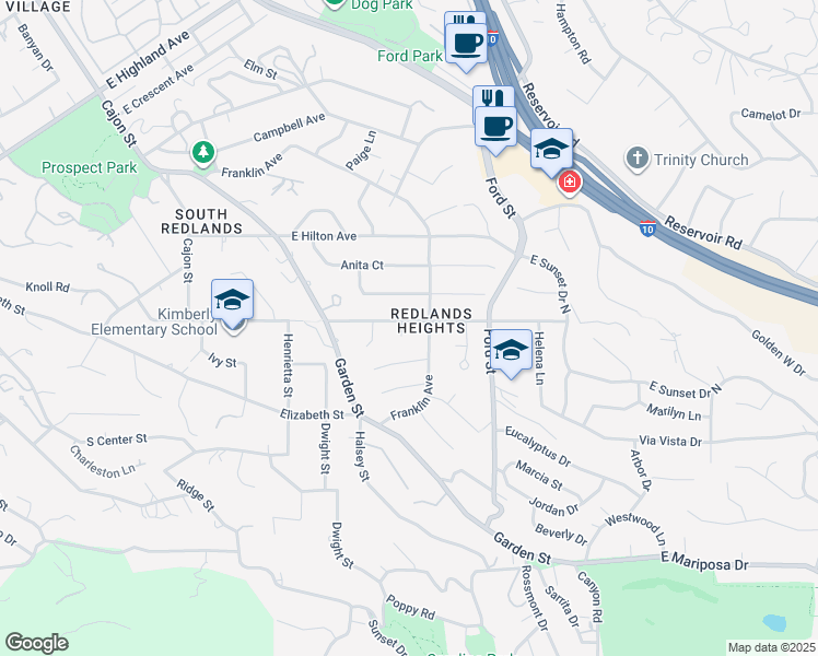 map of restaurants, bars, coffee shops, grocery stores, and more near in Redlands