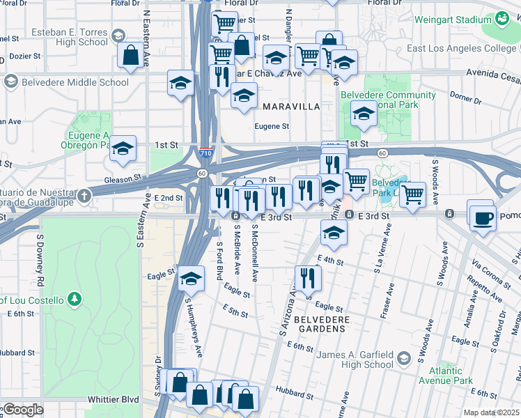 map of restaurants, bars, coffee shops, grocery stores, and more near 4605 East 3rd Street in Los Angeles