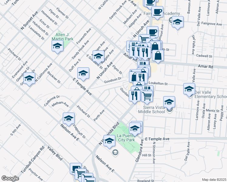 map of restaurants, bars, coffee shops, grocery stores, and more near 15308 Ector Street in La Puente