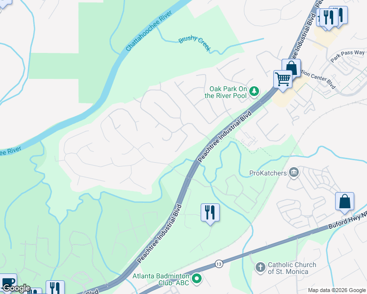 map of restaurants, bars, coffee shops, grocery stores, and more near 1760 Riverglen Drive Northwest in Suwanee