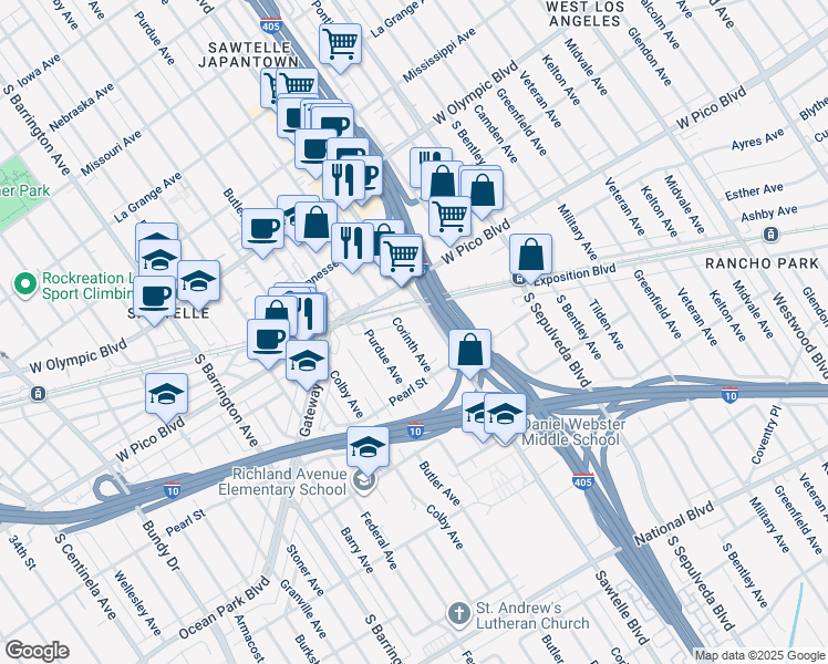 map of restaurants, bars, coffee shops, grocery stores, and more near 2450 Corinth Avenue in Los Angeles