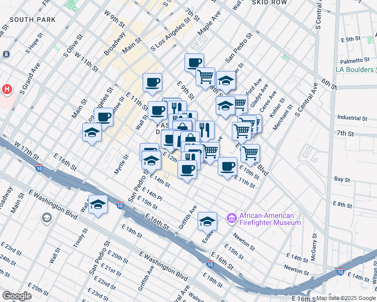 map of restaurants, bars, coffee shops, grocery stores, and more near 1118 Crocker Street in Los Angeles