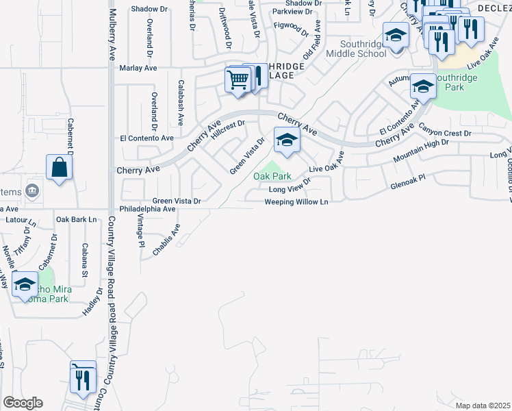 map of restaurants, bars, coffee shops, grocery stores, and more near 14085 Weeping Willow Lane in Fontana
