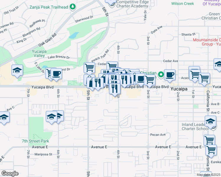 map of restaurants, bars, coffee shops, grocery stores, and more near 34447 Yucaipa Boulevard in Yucaipa