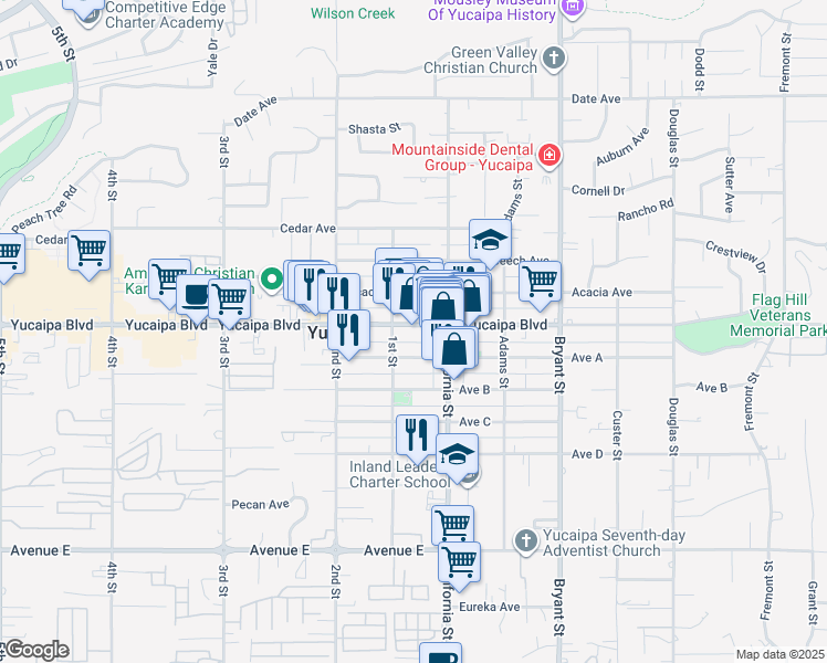 map of restaurants, bars, coffee shops, grocery stores, and more near 35039 Yucaipa Boulevard in Yucaipa
