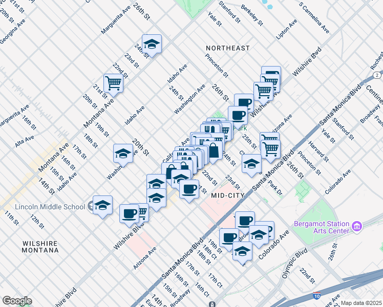 map of restaurants, bars, coffee shops, grocery stores, and more near 1133 22nd Street in Santa Monica