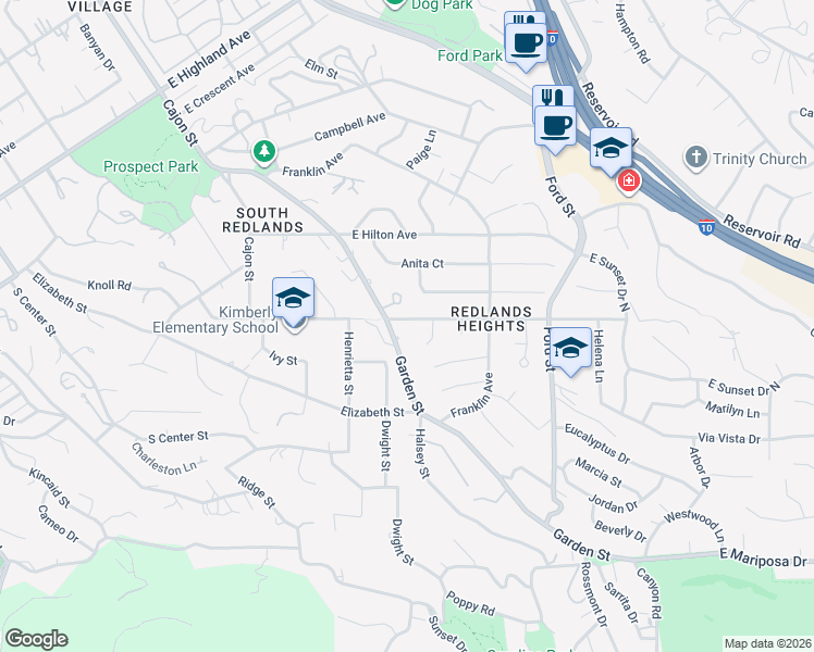 map of restaurants, bars, coffee shops, grocery stores, and more near 102 East South Avenue in Redlands
