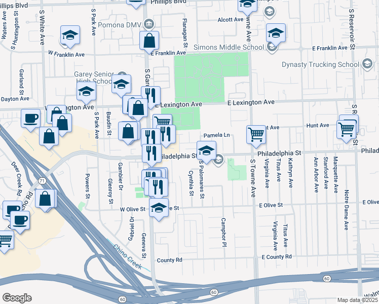 map of restaurants, bars, coffee shops, grocery stores, and more near 425 Philadelphia Street in Pomona
