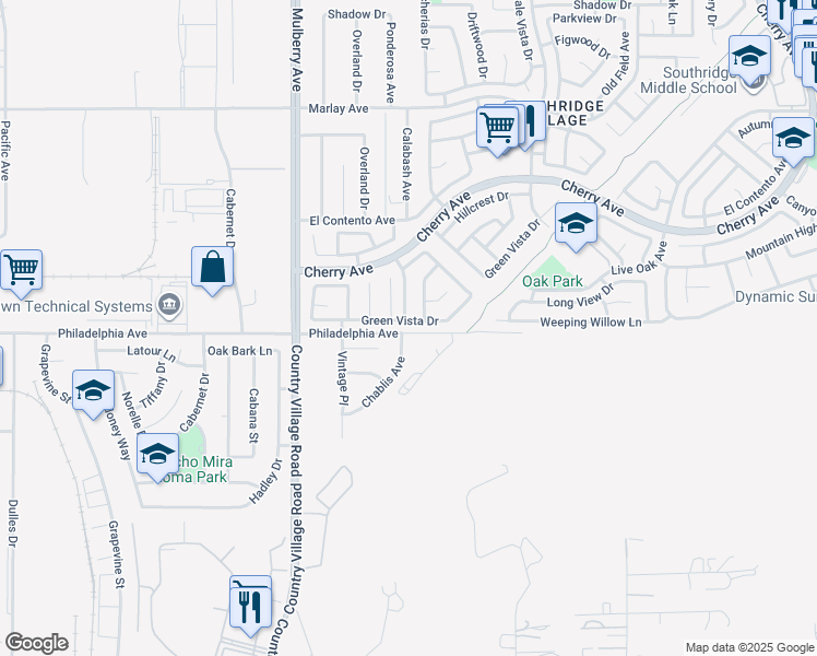 map of restaurants, bars, coffee shops, grocery stores, and more near 13933 Green Vista Drive in Fontana