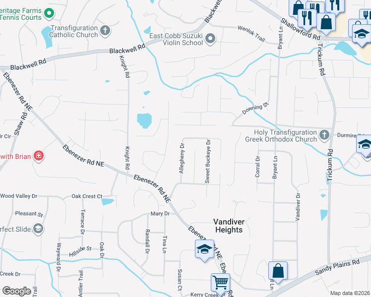 map of restaurants, bars, coffee shops, grocery stores, and more near 3266 Allegheny Drive in Marietta