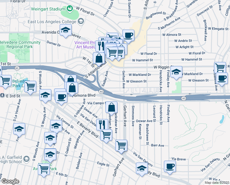 map of restaurants, bars, coffee shops, grocery stores, and more near 803 Pomona Boulevard in Monterey Park