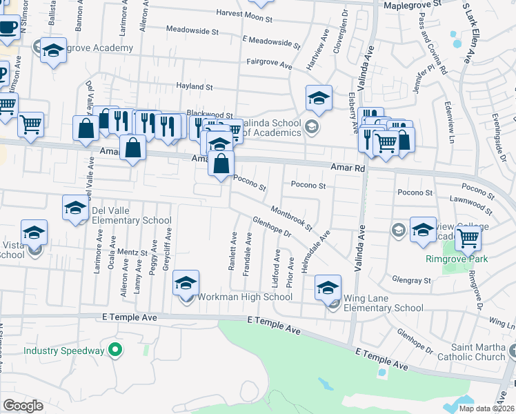 map of restaurants, bars, coffee shops, grocery stores, and more near 16216 Montbrook Street in La Puente