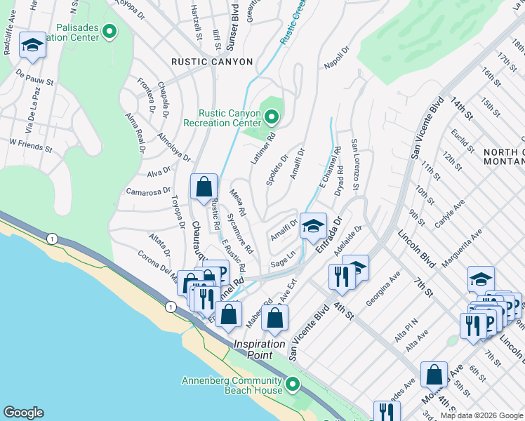 map of restaurants, bars, coffee shops, grocery stores, and more near 401 Amalfi Drive in Los Angeles