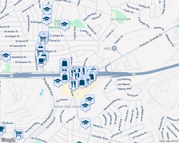 map of restaurants, bars, coffee shops, grocery stores, and more near 391 Potrero Grande Drive in Monterey Park