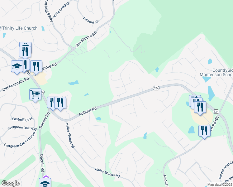 map of restaurants, bars, coffee shops, grocery stores, and more near 956 Chippewa Oak Drive Northeast in Dacula