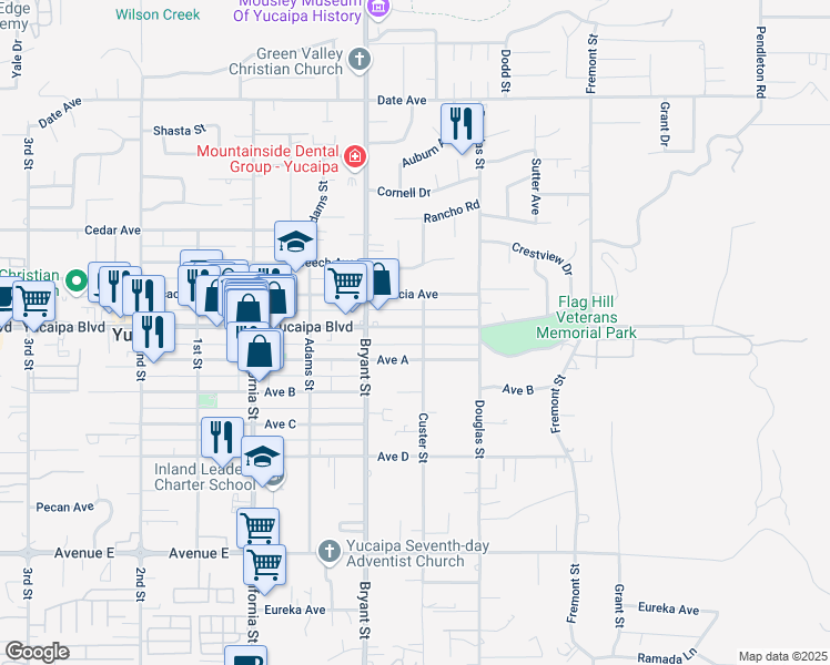 map of restaurants, bars, coffee shops, grocery stores, and more near 35369 Yucaipa Boulevard in Yucaipa