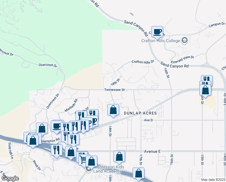 map of restaurants, bars, coffee shops, grocery stores, and more near 31763 Tennessee Street in Yucaipa