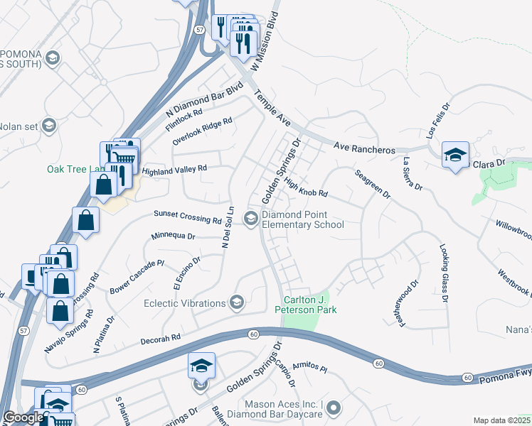 map of restaurants, bars, coffee shops, grocery stores, and more near 900 Golden Springs Drive in Diamond Bar