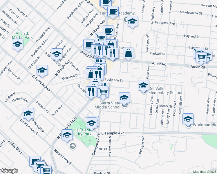 map of restaurants, bars, coffee shops, grocery stores, and more near 15500 Mulvane Street in La Puente
