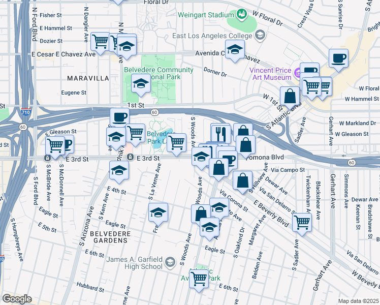 map of restaurants, bars, coffee shops, grocery stores, and more near 5043 East 3rd Street in East Los Angeles