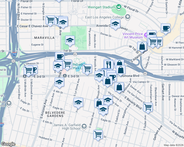 map of restaurants, bars, coffee shops, grocery stores, and more near 5043 East 3rd Street in East Los Angeles