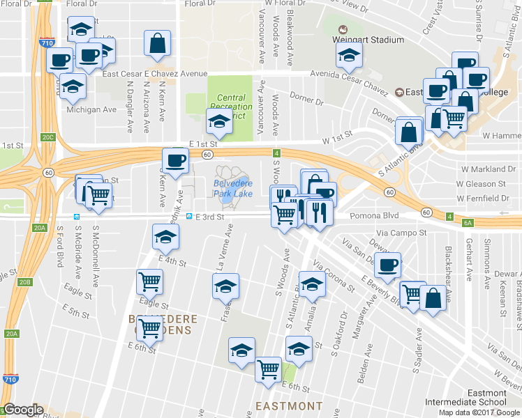 map of restaurants, bars, coffee shops, grocery stores, and more near 5043 East 3rd Street in East Los Angeles