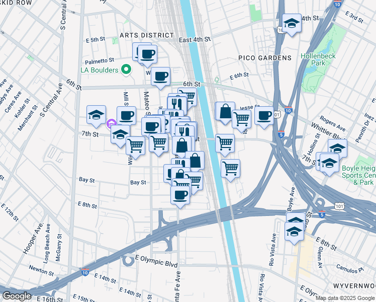 map of restaurants, bars, coffee shops, grocery stores, and more near East 7th Place in Los Angeles
