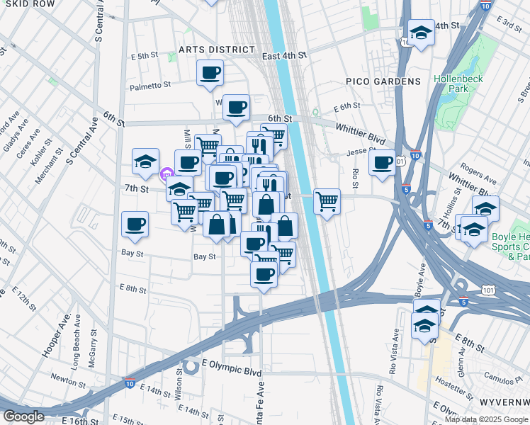map of restaurants, bars, coffee shops, grocery stores, and more near 800 South Santa Fe Avenue in Los Angeles