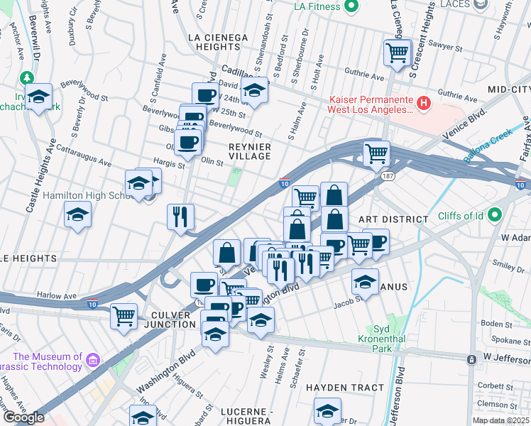 map of restaurants, bars, coffee shops, grocery stores, and more near 8783 Cattaraugus Avenue in Los Angeles
