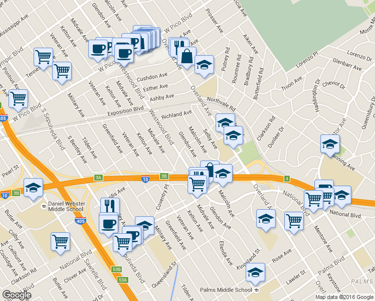 map of restaurants, bars, coffee shops, grocery stores, and more near 2821 Glendon Avenue in Los Angeles
