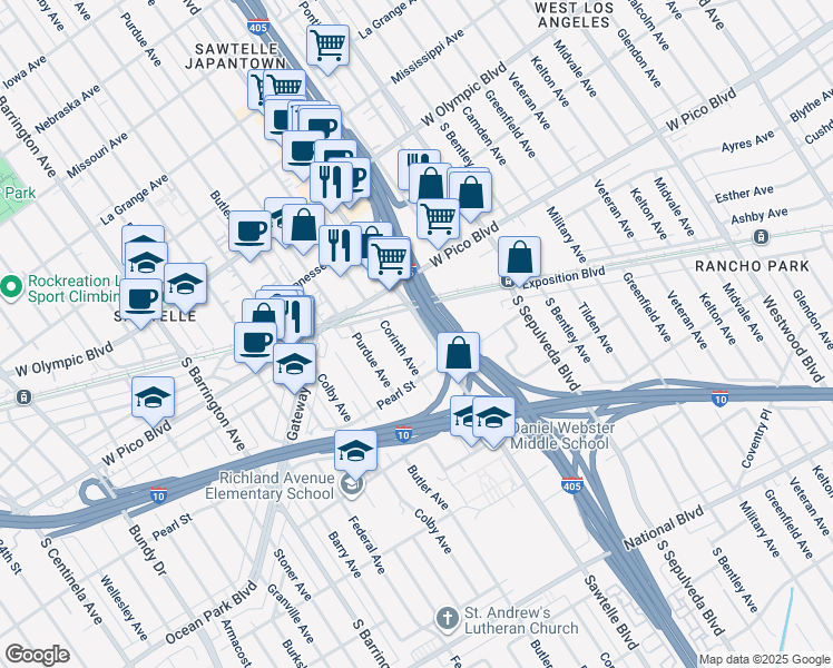 map of restaurants, bars, coffee shops, grocery stores, and more near 2456 Corinth Avenue in Los Angeles