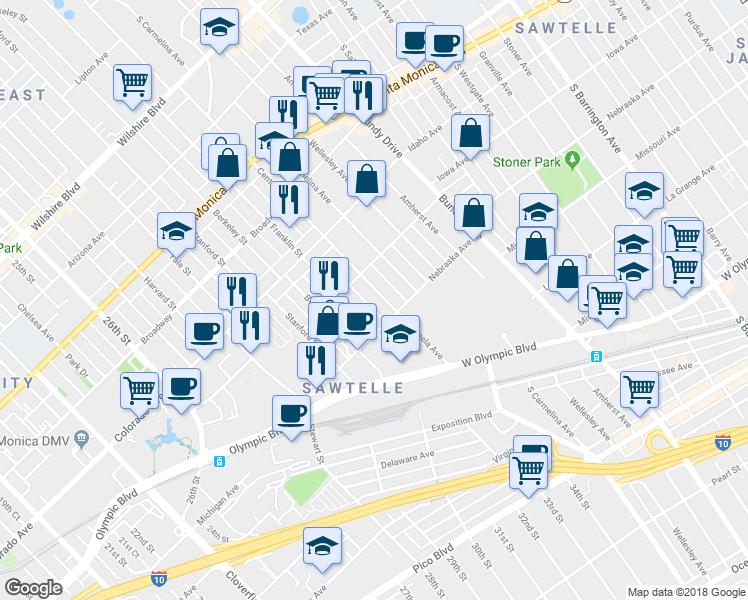 map of restaurants, bars, coffee shops, grocery stores, and more near in Los Angeles County