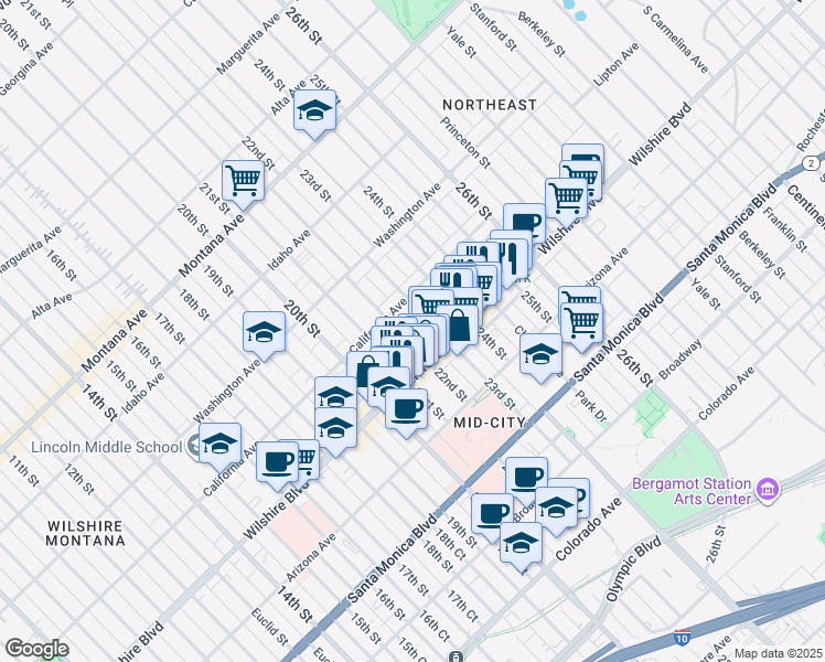 map of restaurants, bars, coffee shops, grocery stores, and more near 1133 22nd Street in Santa Monica