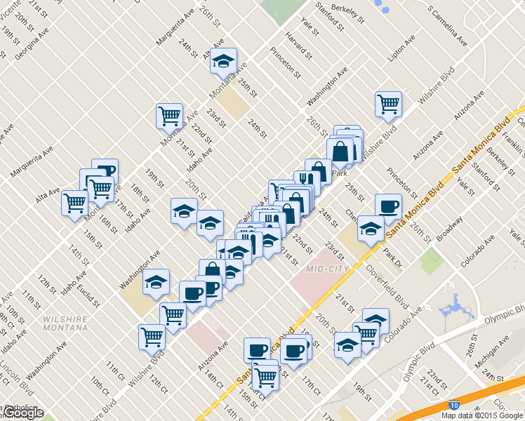 map of restaurants, bars, coffee shops, grocery stores, and more near in Santa Monica