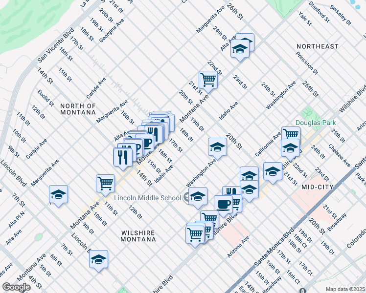 map of restaurants, bars, coffee shops, grocery stores, and more near 847 17th Street in Santa Monica