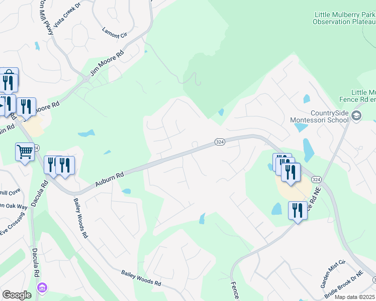 map of restaurants, bars, coffee shops, grocery stores, and more near 972 Auburn Road in Dacula