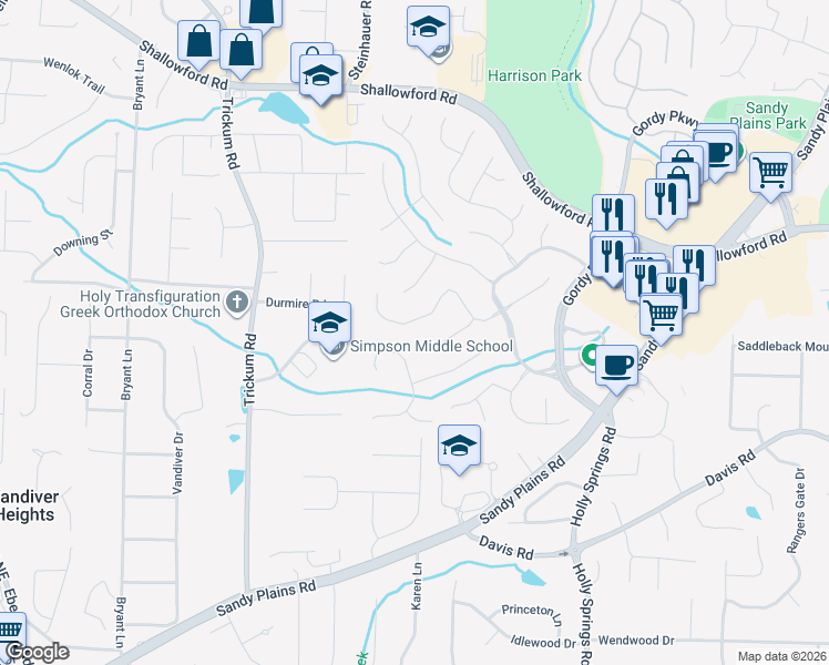 map of restaurants, bars, coffee shops, grocery stores, and more near 2803 Cranmore Court in Marietta