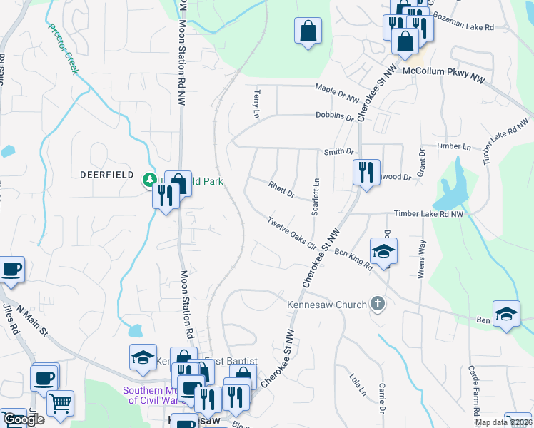 map of restaurants, bars, coffee shops, grocery stores, and more near 2024 Twelve Oaks Circle in Kennesaw